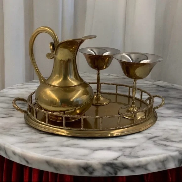 Mid Century Brass Wine Serving Set, Tray, Pitcher And Goblets, Functional Decor - Picture 6 of 10